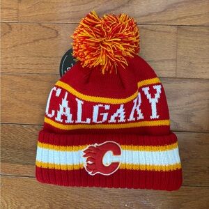 NHL-Red and Yellow Youth Pom Beanie with Calgary Logo
